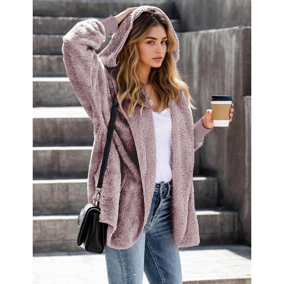 Women Hooded Cardigan Fuzzy Jacket Winter Open Front Fleece Coat Outwear with Po - Picture 2 of 6